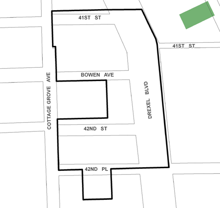 Drexel TIF district, roughly bounded on the north by 41st Street, 42nd Place on the south, Drexel Boulevard on the east, and Cottage Grove Avenue on the west.